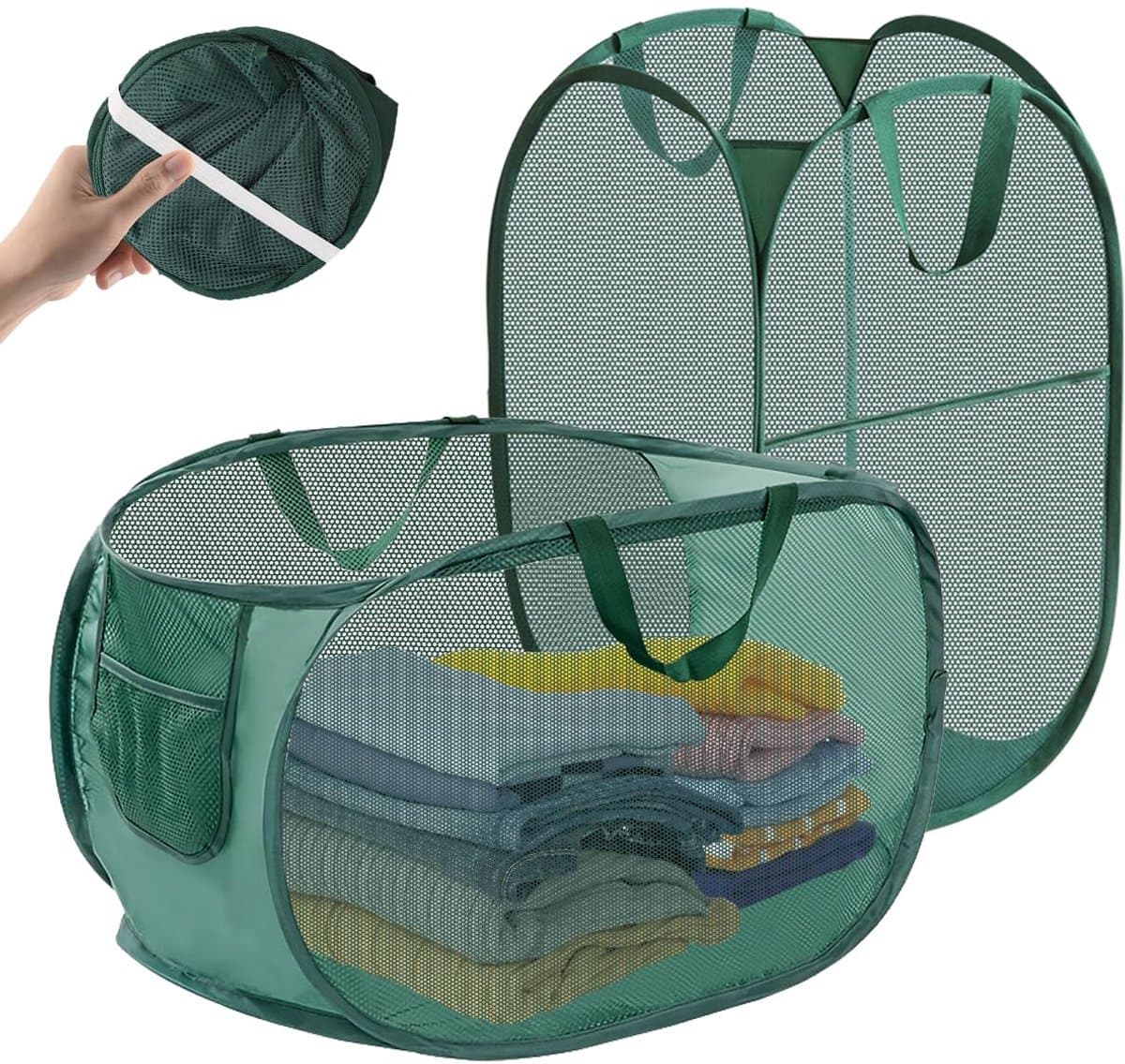carmdering - Pop-up Wasmand - Opvouwbare Wasmachine Mand - Mesh Waskorf - Snel Openen En Sluiten - Optimale Luchtcirculatie - Polyester Mesh En Stalen Draad - Duurzaam Groen Design - Ideaal Voor Meerdere Ruimtes - 2 Stuk — afbeelding 1