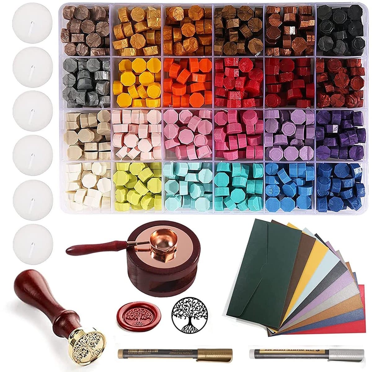 635 Stuks 24 Kleuren Lijmwas Set met Octagonale Wasbolletjes en Levensboom Stempel voor Brieven en Uitnodigingen — afbeelding 1