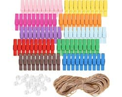 Houten Kledingknijpers Set van 100 Stuks voor Foto's en Collages, Mini Klemmen voor Postkaarten en Cadeaus in Diverse Kleuren