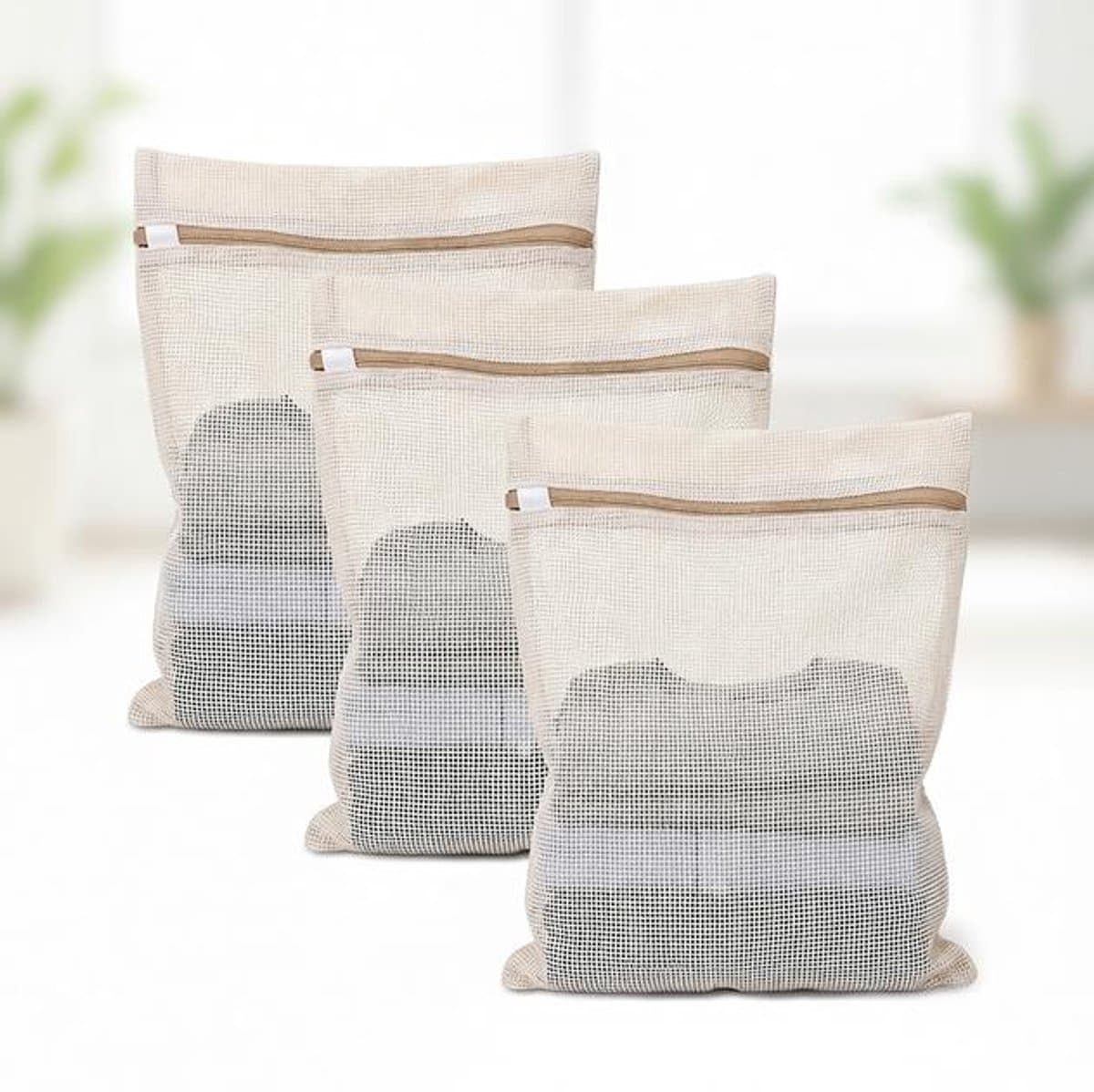 Maison Elara 3 Stuks Katoenen Mesh Waszakken met Stevige Rits - 39x30 cm - Voor Delicaat Wasgoed — afbeelding 1