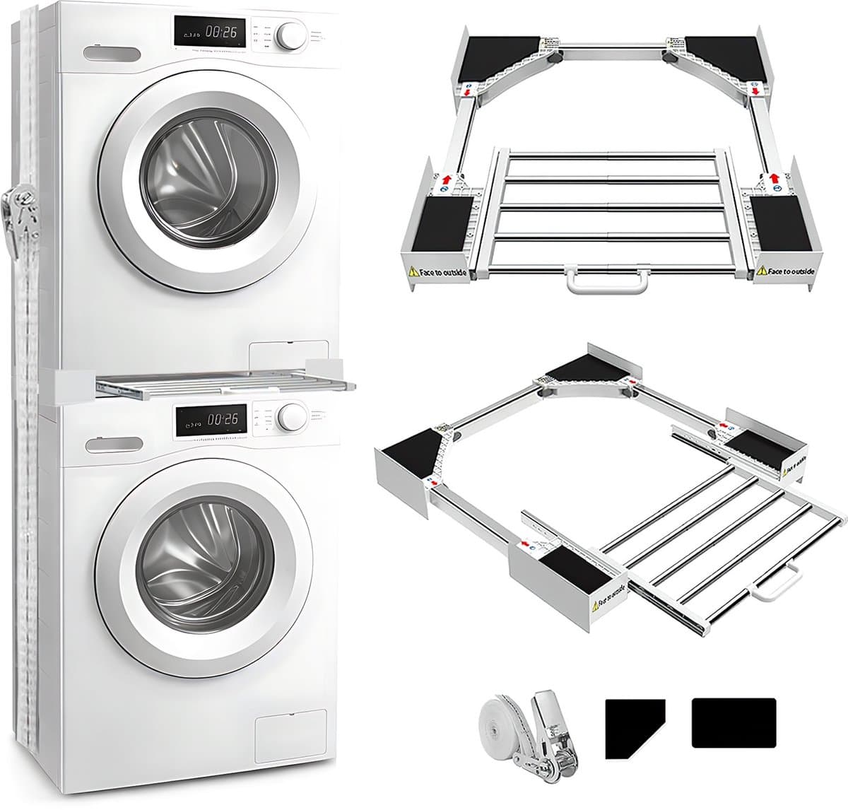 Universeel Wasmachine en Droger Stapelrek – In Hoogte Verstelbare Wasmachine Standaard met Werkblad – Metaal Wasmachine Rek – Ruimtebesparend Wasmachine Meubel — afbeelding 1
