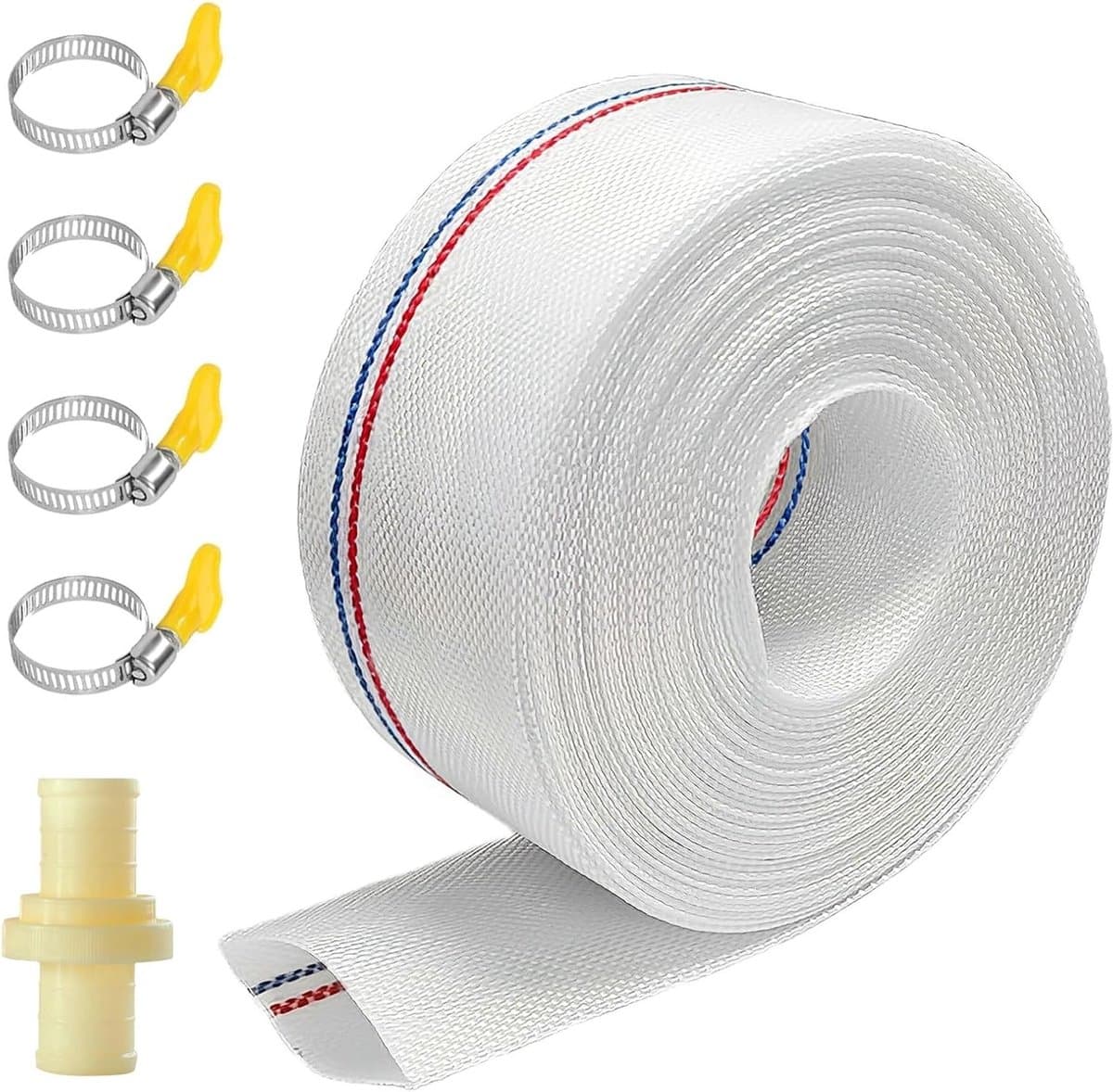 Flexibele stofslang 1 1/4 inch, 32 mm, 10 m platte slang met 4 roestvrijstalen klemmen en aansluiting, ideaal voor industriële en agrarische toepassingen, waterafvoer en irrigatie — afbeelding 1