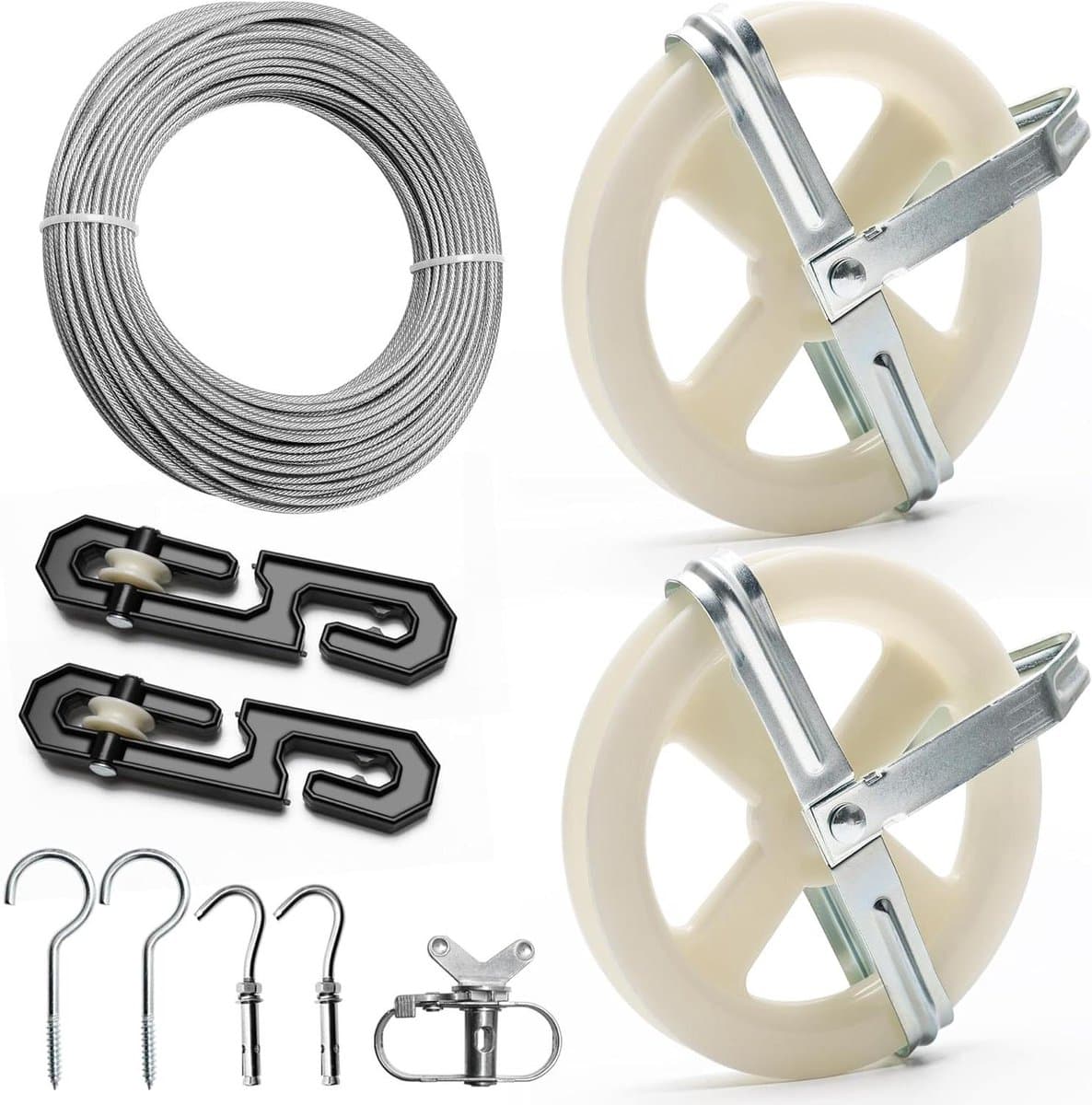 Outdoor Waslijn Kit, Waslijn Katrol Kit Inclusief 150FT Kleding Lijn/2 Katrol/2 Separator Spreader/Tekenmaker/4 Haken voor Outdoor Kleding — afbeelding 1