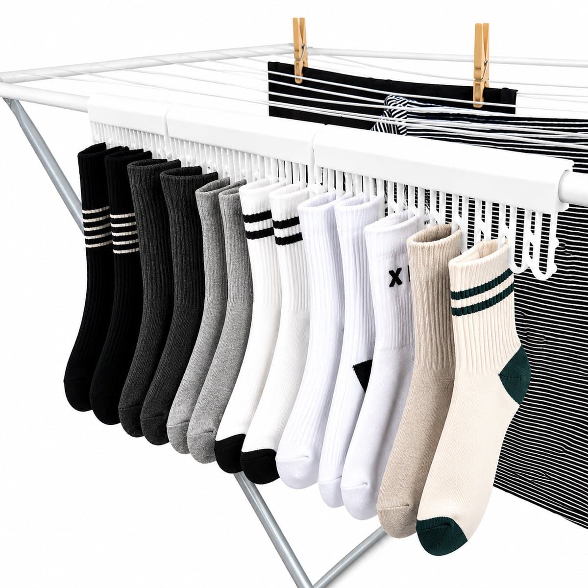 2 Stuks Sokkenknijpers voor Droogrek – Sokkenhanger voor Wasrek – Wasknijperstrip – Ruimtebesparende Sokkendroger – Geschikt voor 12 Sokken per Clip – Wit — afbeelding 1