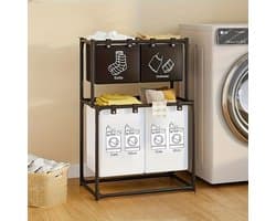 Dubbellaagse opvouwbare wasmand met 4 vakken wassorteerder met wielen zwart organizer