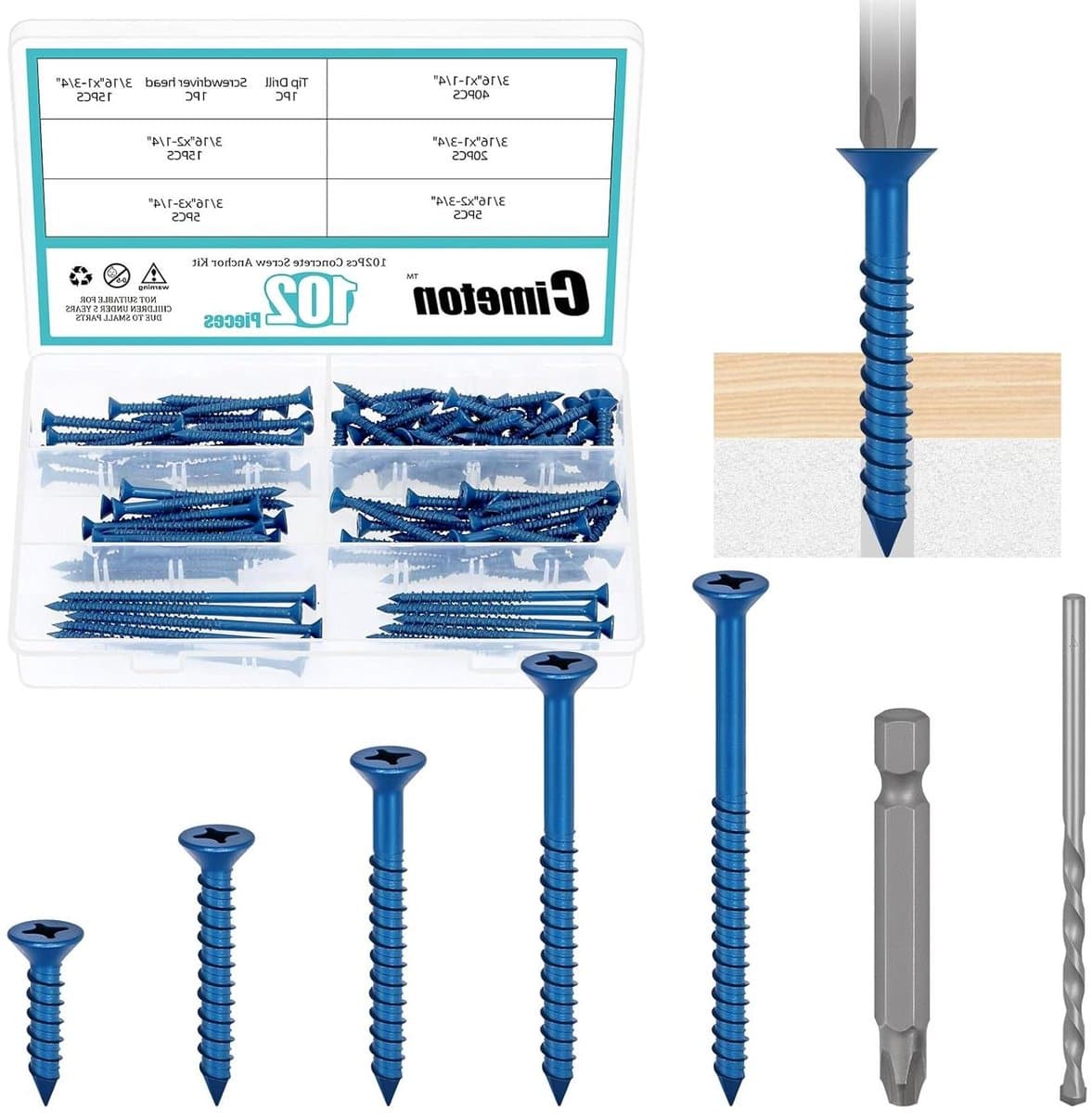 Betonschroefanker platte kop - Schroefanker voor beton - Zware bevestigingen maken - Zelfsnijdend ontwerp - 3/16 inch - Gemengde kleuren — afbeelding 1