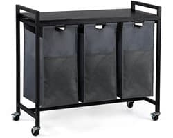 CALIYO Wasmand 3 Vakken - Wassorteerder - Uitschuifbaar - Eenvoudige Montage - 84 x 33 x 75 cm - 117L Capaciteit - 3 Zakken - Bruin Hout - Zwart Metaal - Wasmanden - Wasbox