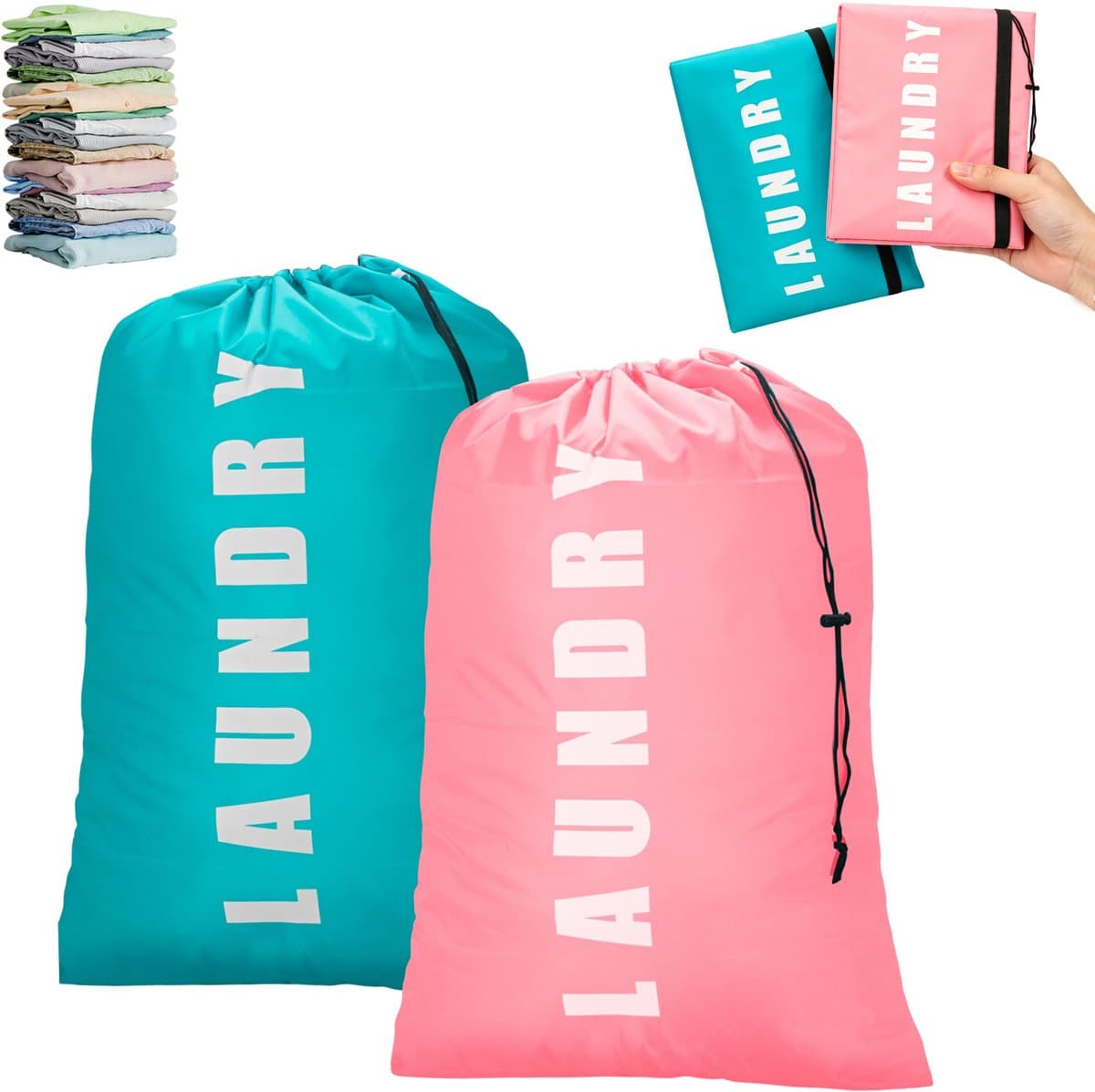2 stuks - waszak - reis waszak - waszak met trekkoord - grote waszak - waszak voor student - tas voor vuile was - lichtgewicht waszak - Groen + Roze - 90cmx60cm - 80L waszak — afbeelding 1