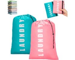 2 stuks - waszak - reis waszak - waszak met trekkoord - grote waszak - waszak voor student - tas voor vuile was - lichtgewicht waszak - Groen + Roze - 90cmx60cm - 80L waszak