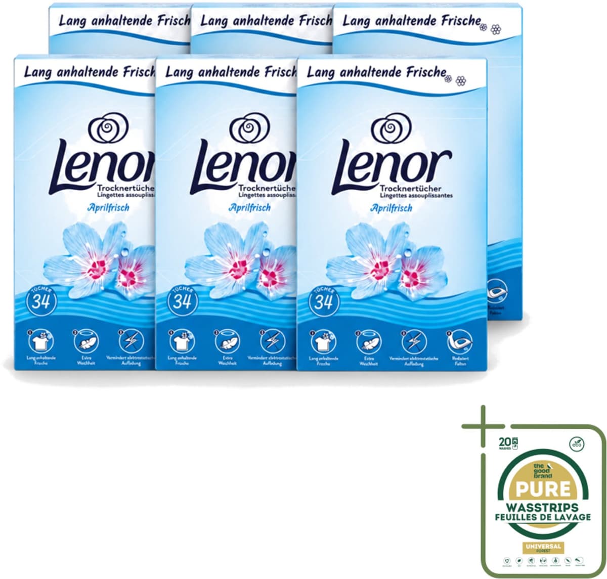 6 x Lenor - Droogtrommeldoekjes - Aprilfris - Textielverfrisser - 34 Doekjes - Droogtrommeldoekjes - Wasdoekjes - Textielverfrisser - Frisheid - Statische Elektriciteit — afbeelding 1