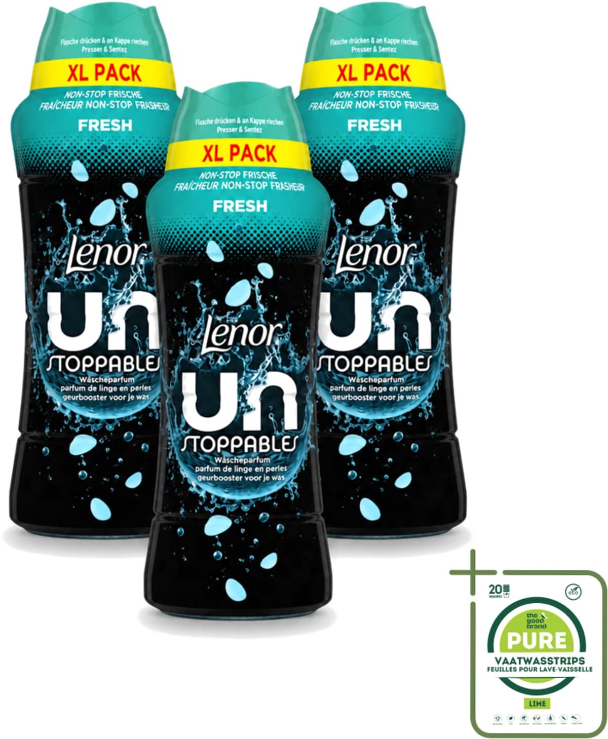 3 x Lenor Unstoppables - Geurbooster - Fris - Non-Stop Frisheid - Grootverpakking - Grootverpakking - Vaatwasstrips - Geurbooster - Frisheid - Wasgeur - Citrusgeur - Fruitgeur — afbeelding 1