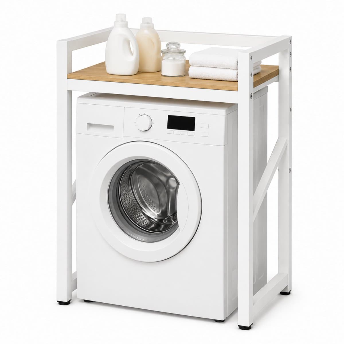 Livista Wasmachinerek - Wasmachine kast - Badkamerrek – Ruimtebesparende Wasmachine Organizer – Stalen Frame – 3 Hoogtestanden – Water-, Kras- en Hittebestendig Werkblad – Antislip Voetjes – 200 kg Draagvermogen - Wit/Hout — afbeelding 1