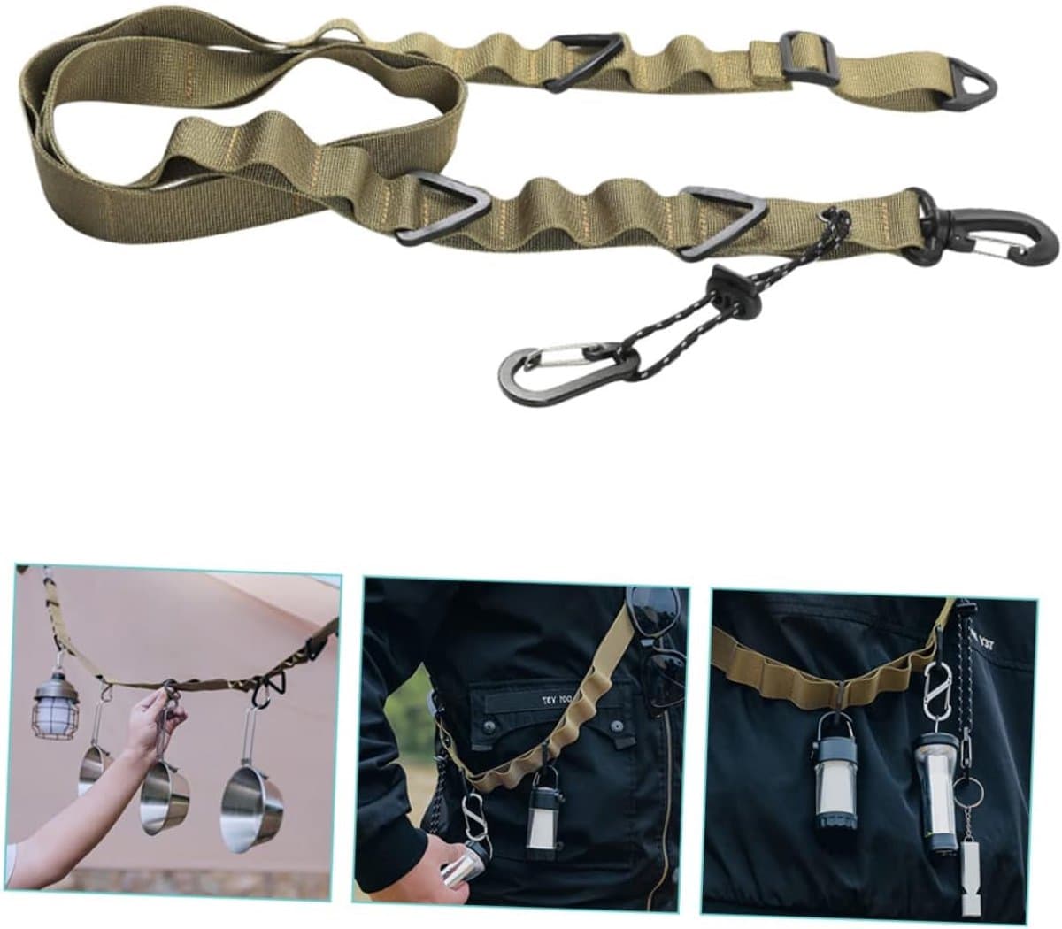 2 stuks - draagbare kampeerlanyard - Multifunctionele buitenlanyard - Waslijn - Luifelhangtouw - Eenvoudige opberging - Zwart en kaki - Lengte 130 cm - Perfect voor kamperen, wandelen, reizen en picknicks — afbeelding 1