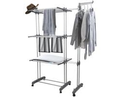 Amolass - Wasrek Inklapbaar - Droogrek - Staand - 4-Laags met Wielen - Grijs - UItschuifbaar - 173x151x49cm - Voor Binnen/Buiten