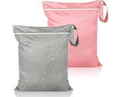 Verpakking met 2 natte zakken, waterdichte waszak, herbruikbare natte reiszak 36 x 30 cm, natte zwemkledingzak met rits, voor luiers, badpakken, strandlakens, vuile was (grijs + roze) — afbeelding 1