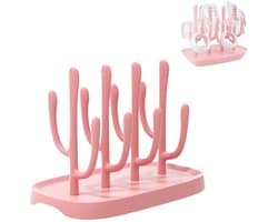 Droogrek voor babyflessen - Flessendroogrek - Draagbaar flessenrek - Uitneembaar - Droogrek met lekbak - Geschikt voor zuignappen, bekers en babyflessen en accessoires - Roze