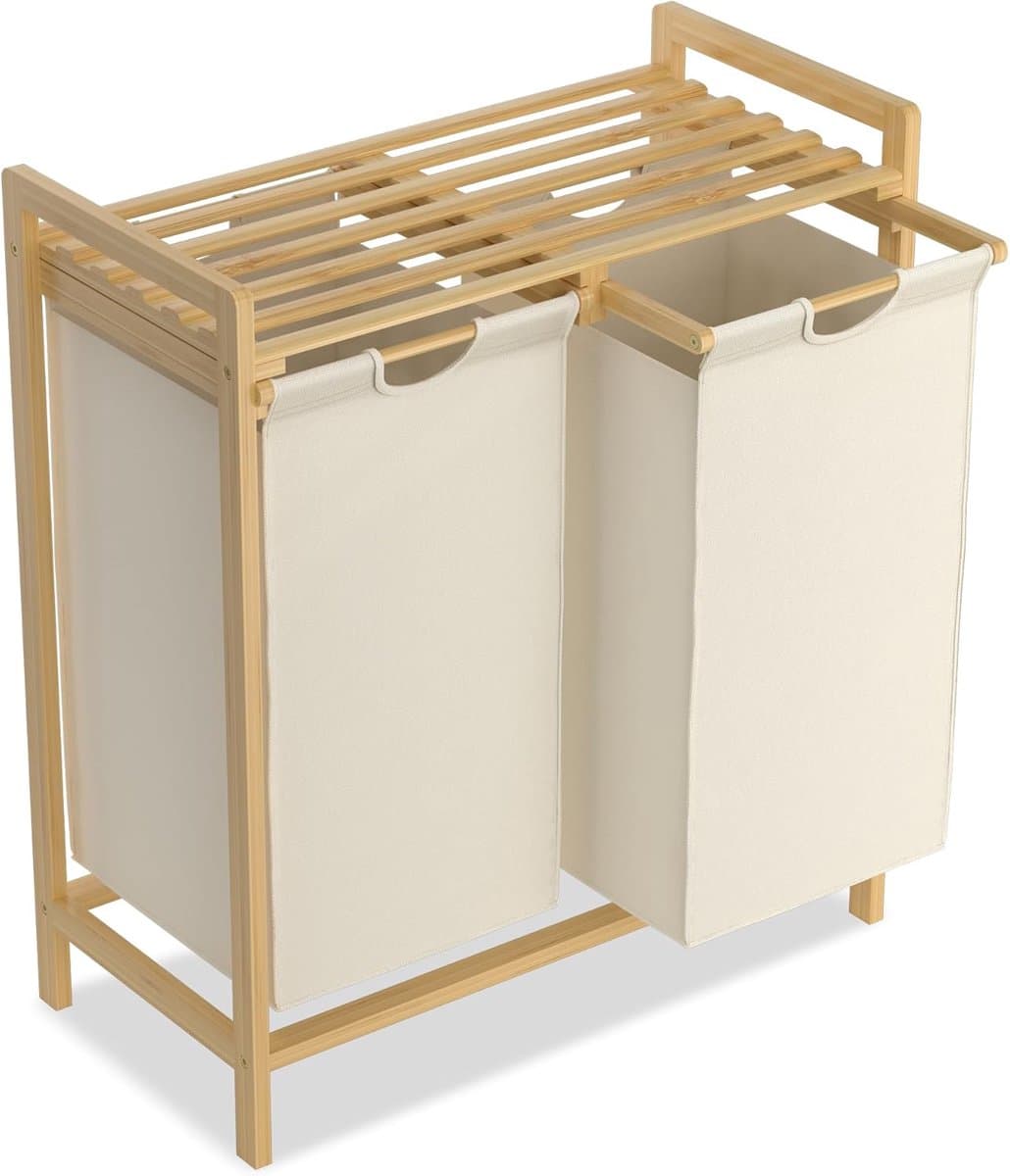 Wasmand met 2 vakken - 36 liter wasverzamelaar en wassorteerder met bamboe bovenkant en handgrepen - Geschikt voor bijkeuken en badkamer - Beige — afbeelding 1