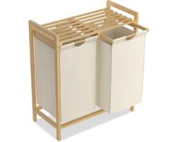 Wasmand met 2 vakken - 36 liter wasverzamelaar en wassorteerder met bamboe bovenkant en handgrepen - Geschikt voor bijkeuken en badkamer - Beige
