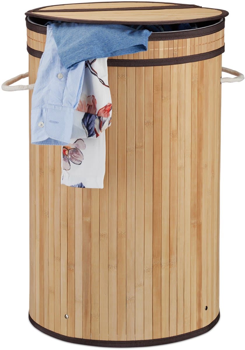 2x wasmand bamboe - ronde wasbox met deksel - 63 x 40 cm - 65 liter - natuur — afbeelding 1