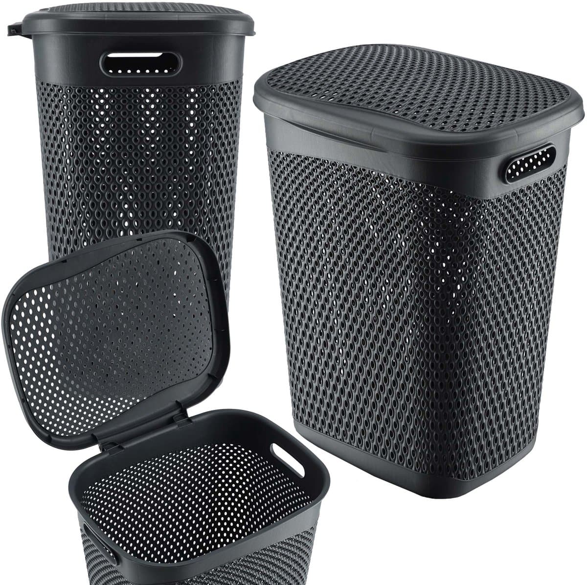 KADAX Plastic wasbak, lichte wasmand, wasverzamelaar van kunststof, luchtdoorlatende wasbox, met deksel (grijs) — afbeelding 1
