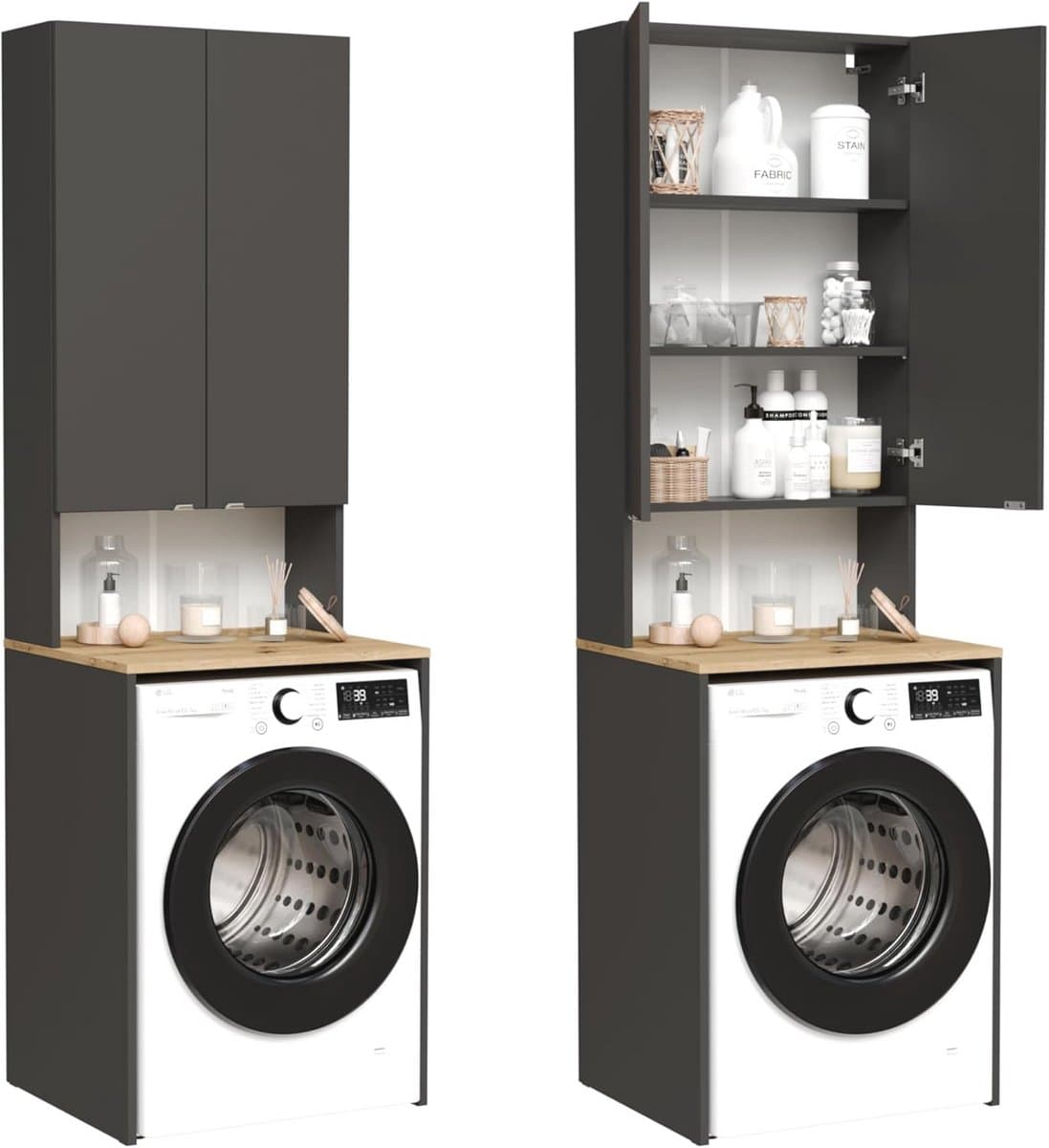 Wasmachinekast en hoge kast voor badkamer, superstructuur voor wasmachine en droogtrommel, 210 x 65 x 50/56 cm, wit — afbeelding 1