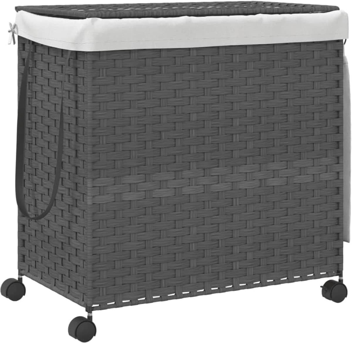 Grote Wasmand op Wielen 60x35x60.5cm - Waszak met 3 Compartimenten, Wicker Wasmand — afbeelding 1