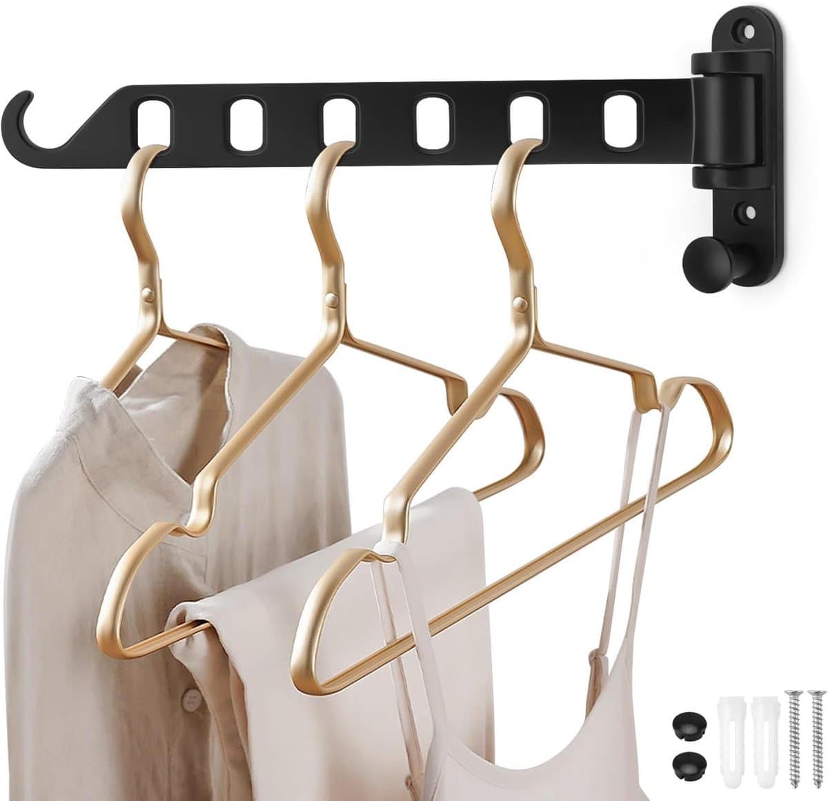 Inklapbare wandkledingstang met 6 gaten, zwart, modern design - 180 graden draaibaar - geschikt voor balkons, badkamers, bijkeuken en slaapkamer — afbeelding 1