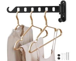 Inklapbare wandkledingstang met 6 gaten, zwart, modern design - 180 graden draaibaar - geschikt voor balkons, badkamers, bijkeuken en slaapkamer