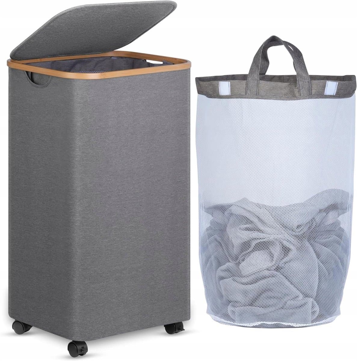 Wasmand met Wielen - Bamboe-frame - 100 Liter - Verwijderbare Binnenzak - Voor Huishoudelijk Gebruik — afbeelding 1