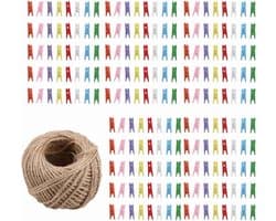 Allecto Plus - Mini Wasknijpers 200 Stuks voor Foto's en Knutselwerk - Inclusief 1 Rol 50 Meter Jute Touw - Houten Mini Knijpers Clips - Creatief DIY Materiaal