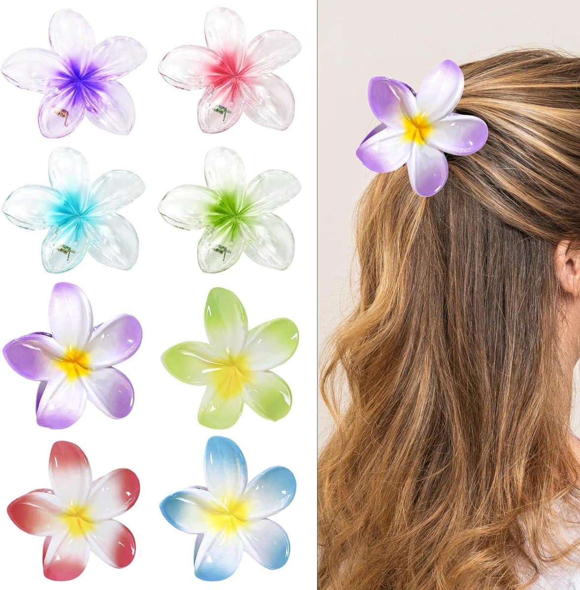 Inovra Plus - Bloem Klauw Clips, Anti-slip Design, Hawaiiaanse Stijl, Medium Grootte, 8 Stuks in 8 Kleuren - Voor Dames met Diverse Haardiktes — afbeelding 1