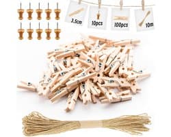100 Houten Wasnijpers Mini Clips voor Foto's en Decoratie met Ophangmateriaal