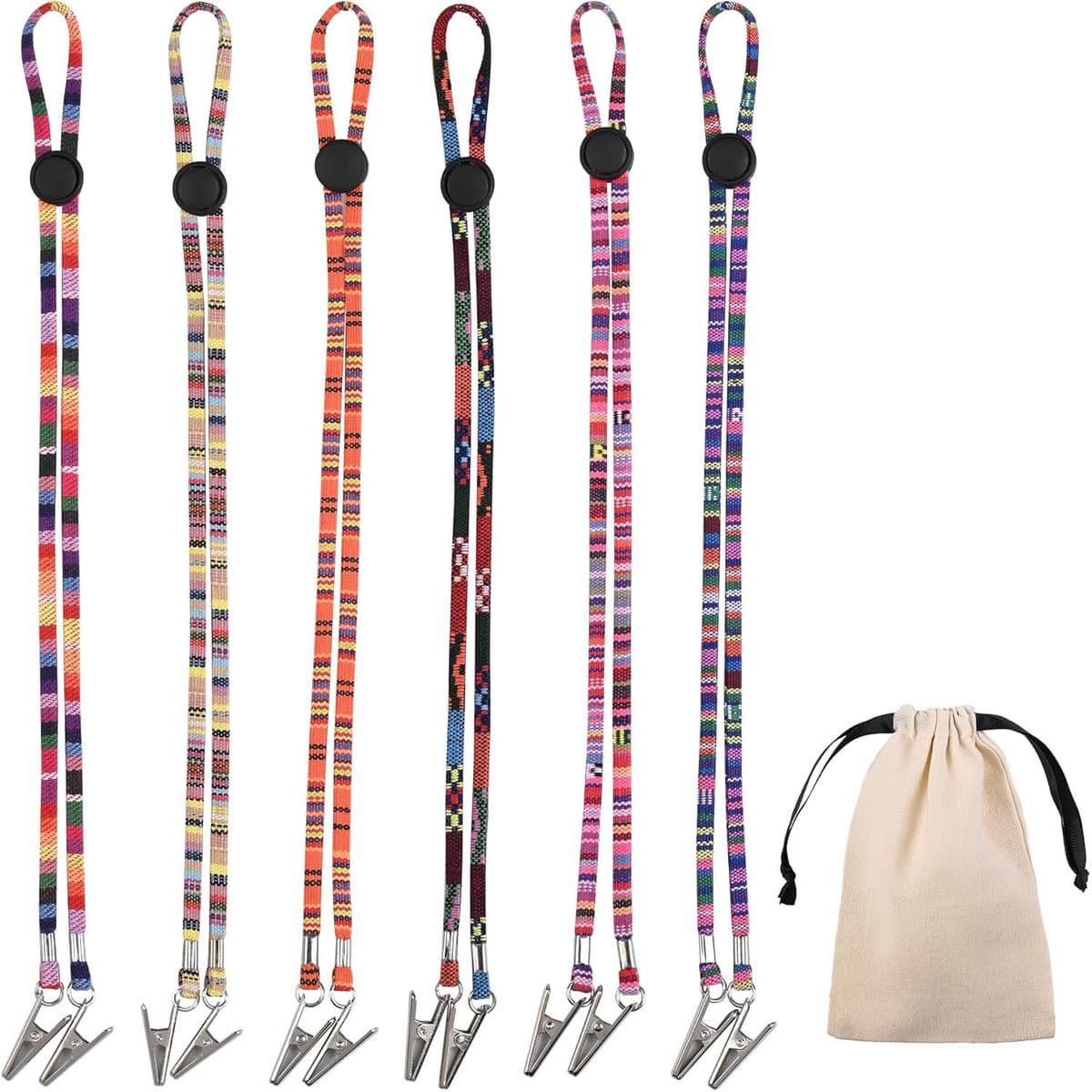 7 stuks grove katoenen slabbetjesclips in folkloristische stijl, verstelbare slabbetjeshouder, servettenketting voor tandartsen met koord, geschikt voor ouderen, volwassenen, patiënten, handdoeken, restaurant, reizen — afbeelding 1