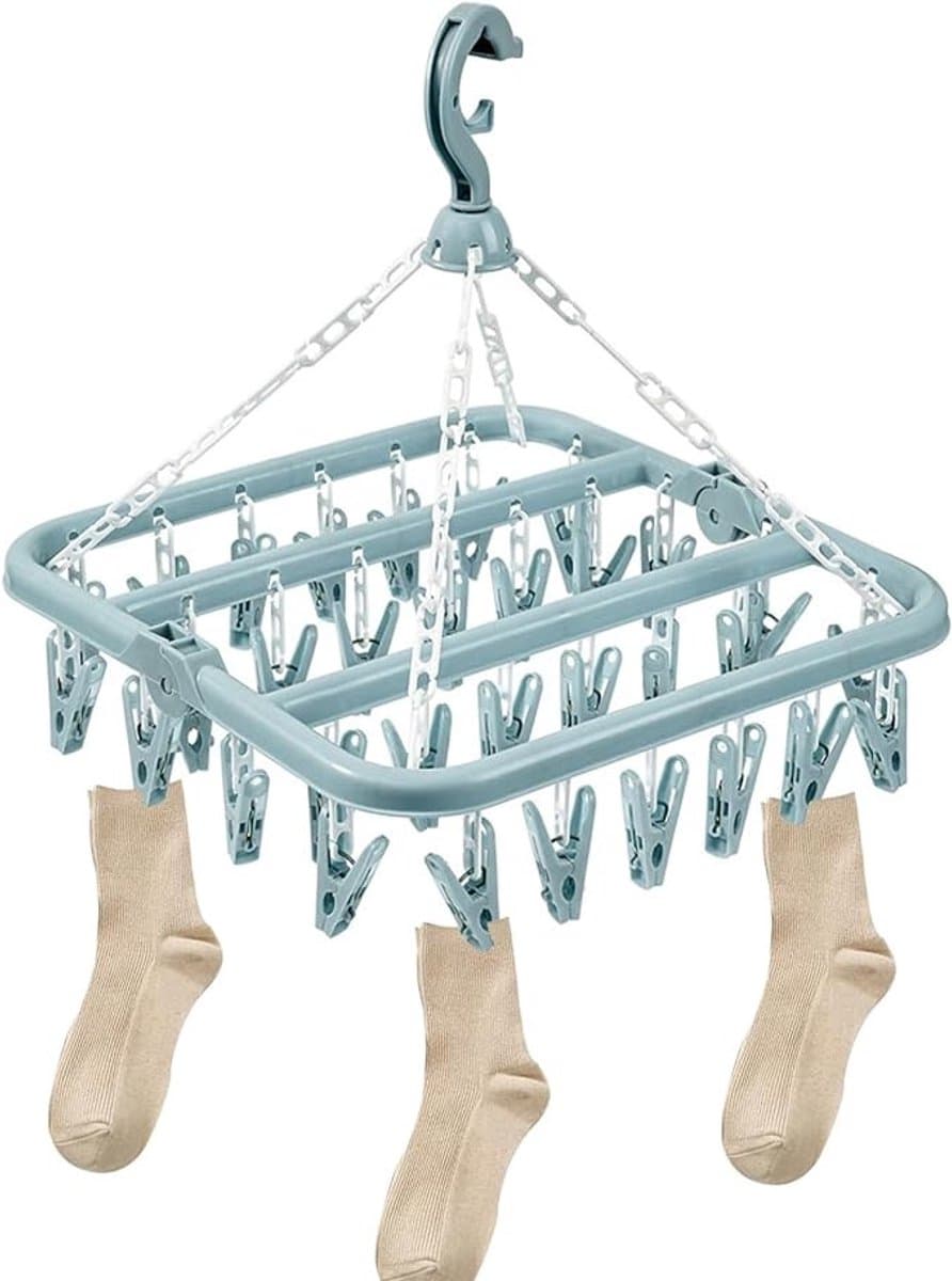 Opvouwbare sokkenhanger met 32 clips voor wasrek - Blauw — afbeelding 1
