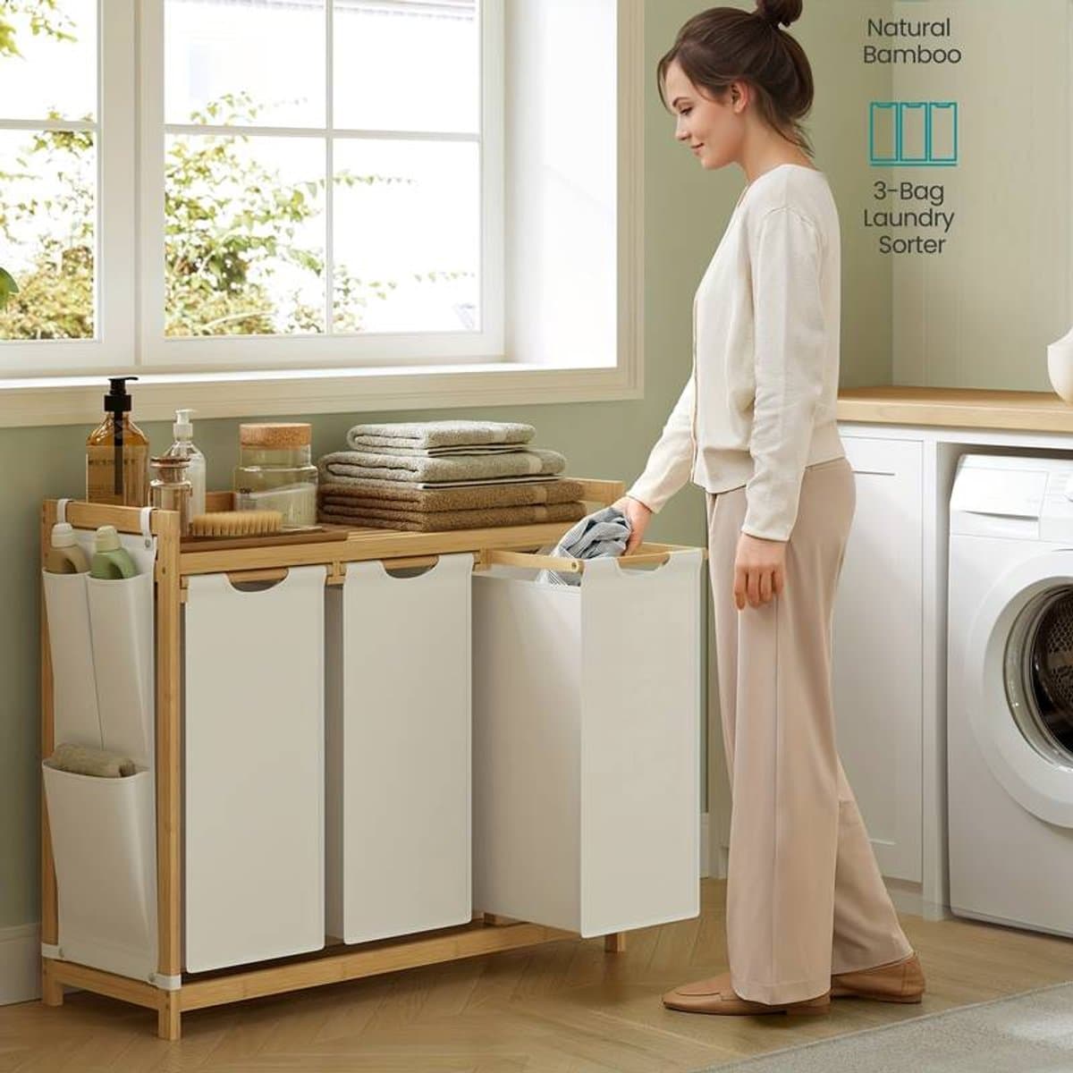 3-Vakken Wasmand met Plank en Zijvakken – Tot 150L – 3×50L Waszakken – 94×33×78 cm – Was Sorteerder — afbeelding 1