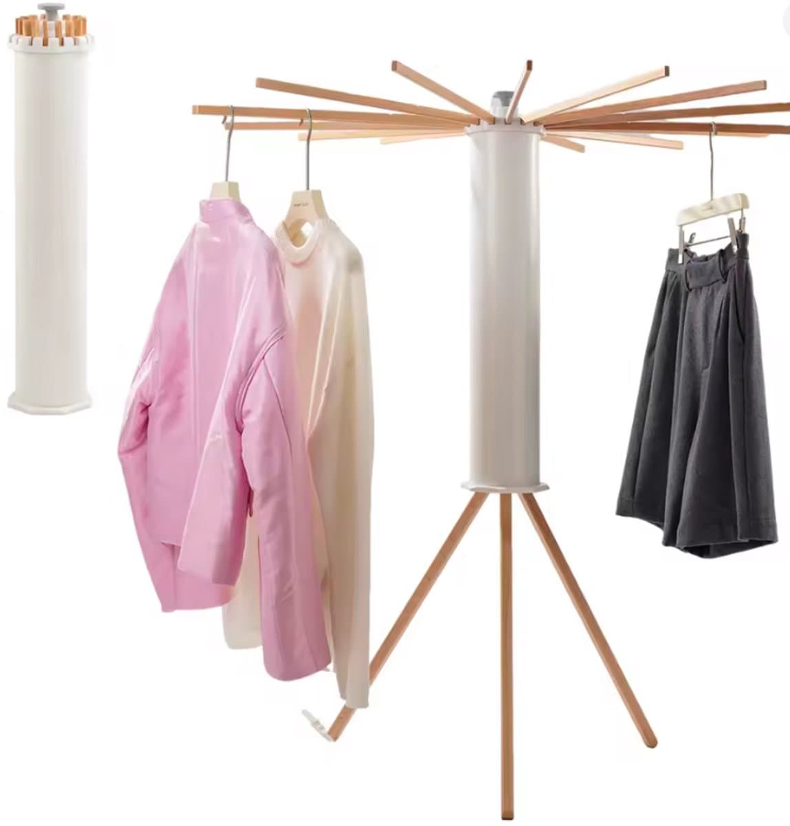 Opvouwbaar Droogrek Carrousel – Luxe Wasrek met 16 Houten Armen – Staand Droogmolen Voor Binnen – Ruimtebesparend – Zonder Montage – Wit/Hout — afbeelding 1
