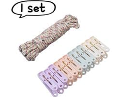 1 set - Draagbare waslijn - met 12 klemmen + touwset - Gekleurde plastic kleding- en sokkenklemmen - Windbestendige en wegwaaibestendige klemmen voor buiten - Diverse kleuren