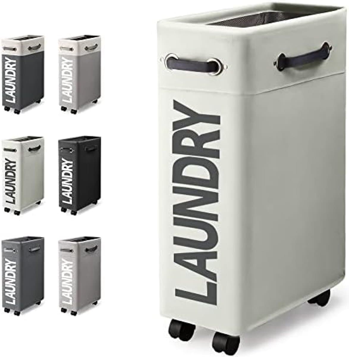 Wasmand met Wieltjes 45L Extra Smal Inklapbare Wasmand met Wielen Opvouwbare Dunne Wasmand met Handvat Praktische Opbergboxvoor Slaapkamers en Wasruimte (Gebroken Wit o2) — afbeelding 1
