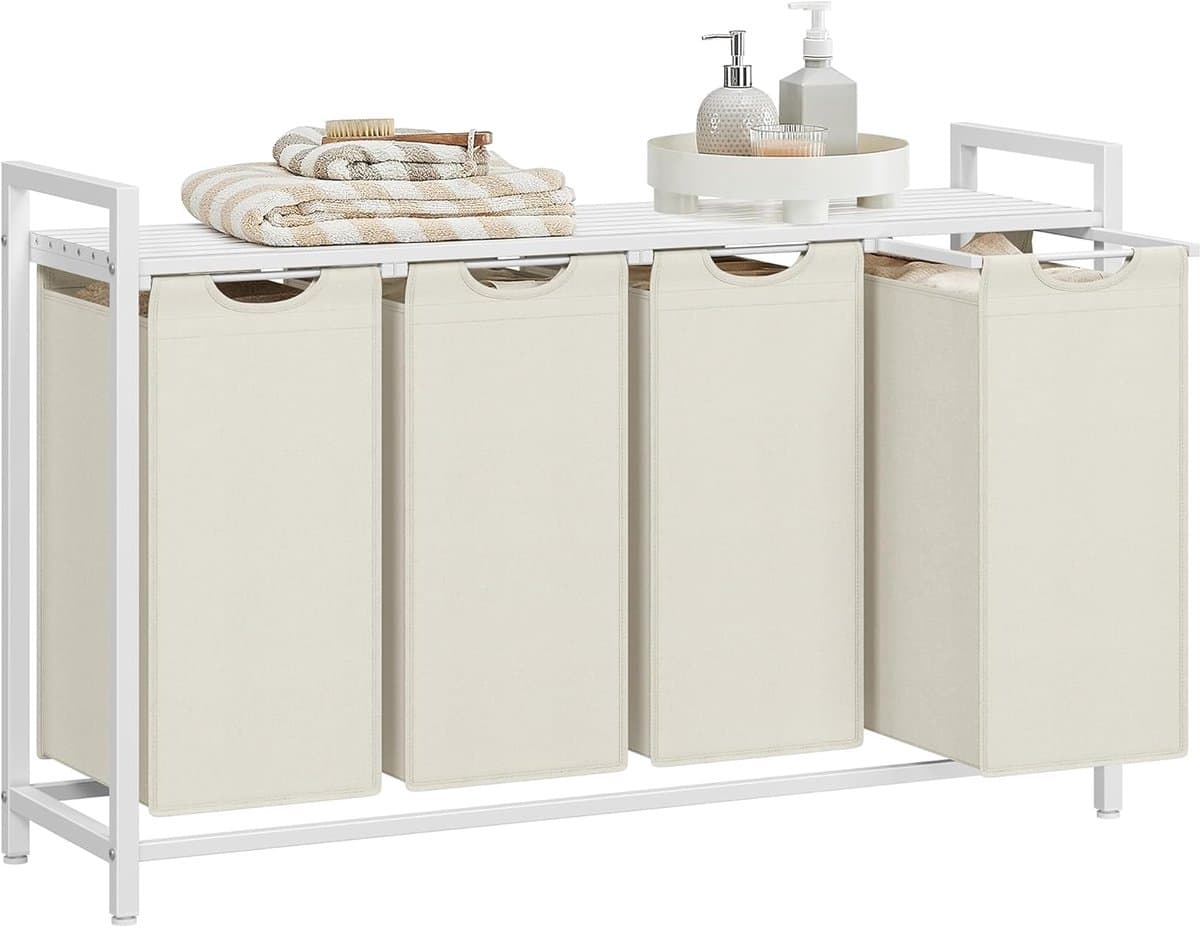 Conway Living® Wassorteerder - 4 vakken - 160L - Metaal - Wit -Wasmanden - Wassorteerder 4 vaken - 116 x 33 x 72 cm — afbeelding 1