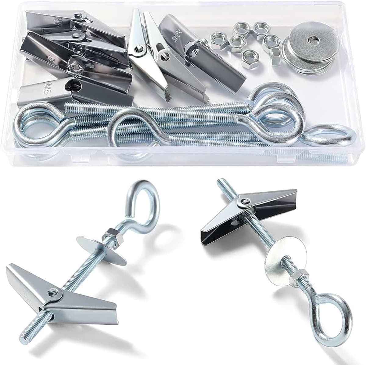 7 Sets M5 Wing Spring Hook, Spring Toggle Wing Gesloten Haak, Plafond Gipsplaat Montage Haak, met Zeskant Moeren, Ringen, voor Gipsplaat Holle Wanden Hangende Planten Bevestiging — afbeelding 1