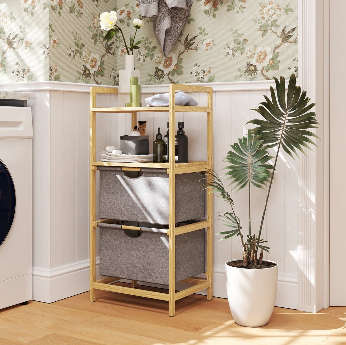 MEUNIQ wasmand 35,4 L met 2 vakken, 2 uitneembare stoffen waszakken, 2 open opbergplanken, bamboe wassorteerder voor badkamer, 44 x 34 x 96 cm, naturel — afbeelding 1