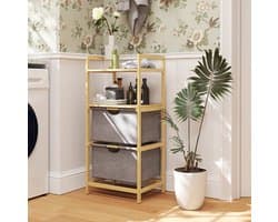 MEUNIQ wasmand 35,4 L met 2 vakken, 2 uitneembare stoffen waszakken, 2 open opbergplanken, bamboe wassorteerder voor badkamer, 44 x 34 x 96 cm, naturel