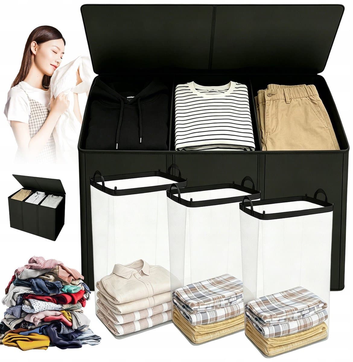 Wasmand - Wassorteerder - Wasgoedorganizer - Opvouwbare 3-Vaks Wasmand 195L - Uitneembare Binnenzakken & Deksel - 83 × 74 × 32 cm - Compact Opvouwbaar - Voor Slaapkamer, Badkamer & Studentenkamer — afbeelding 1