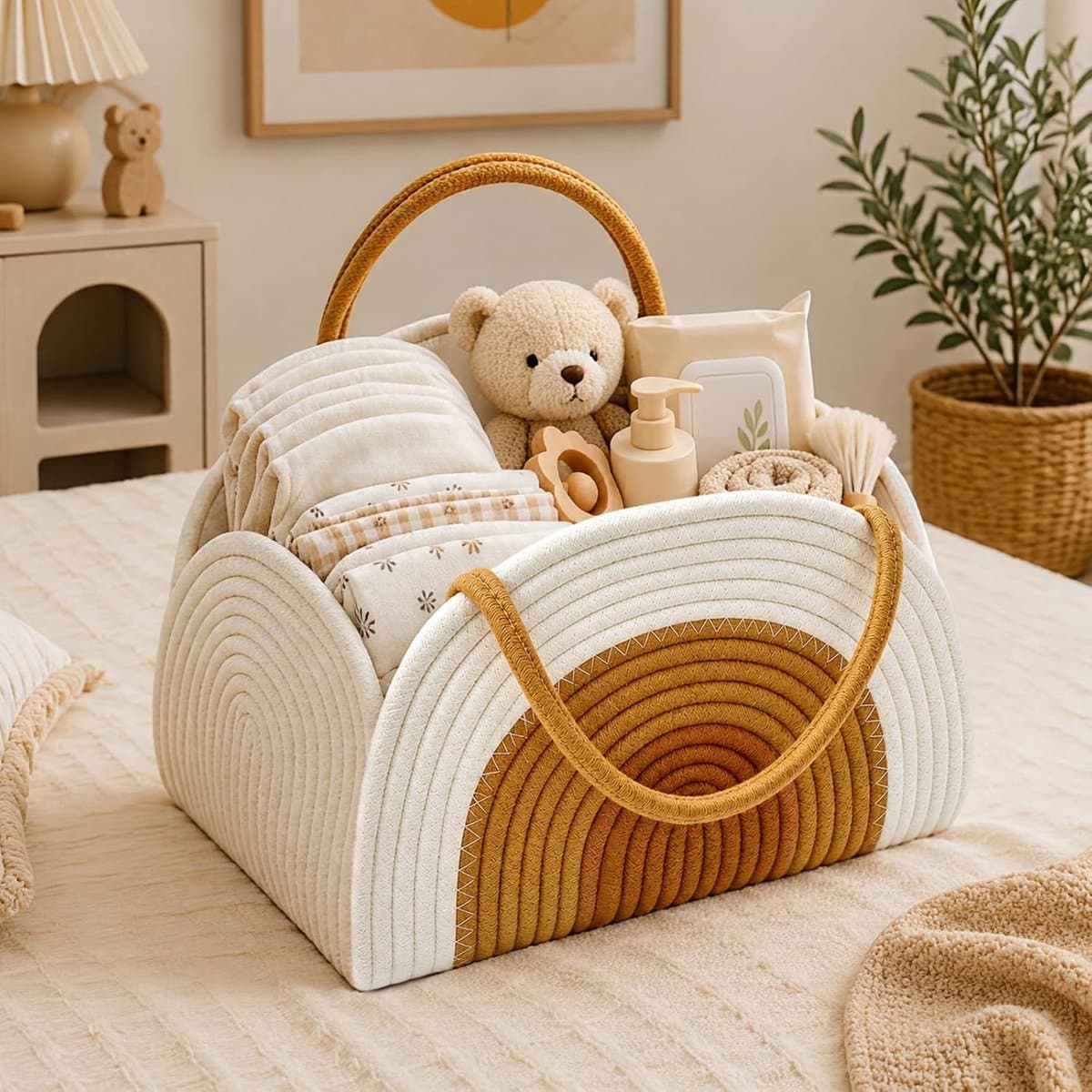 SnelShoppen - Opbergmand voor baby's - Draagbare katoenen luiermand met vakken en handgrepen - Wit - Perfect voor pasgeboren kinderen - Ruimtebesparen — afbeelding 1