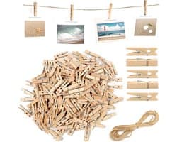 150 stuks mini-houten knijpers 3,5 cm met 10 m jute koord voor het ophangen van foto's, kaarten en creatief knutselen
