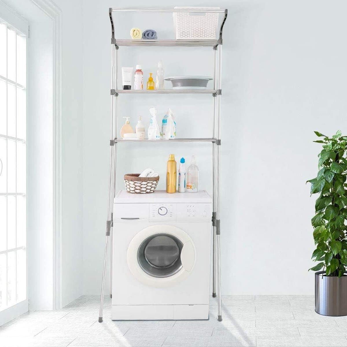 Wasruimte plank boven het toilet/wasmachine - opbergrek badkamer organizer met kleding hangende staaf - grijs Wasmachine rek — afbeelding 1