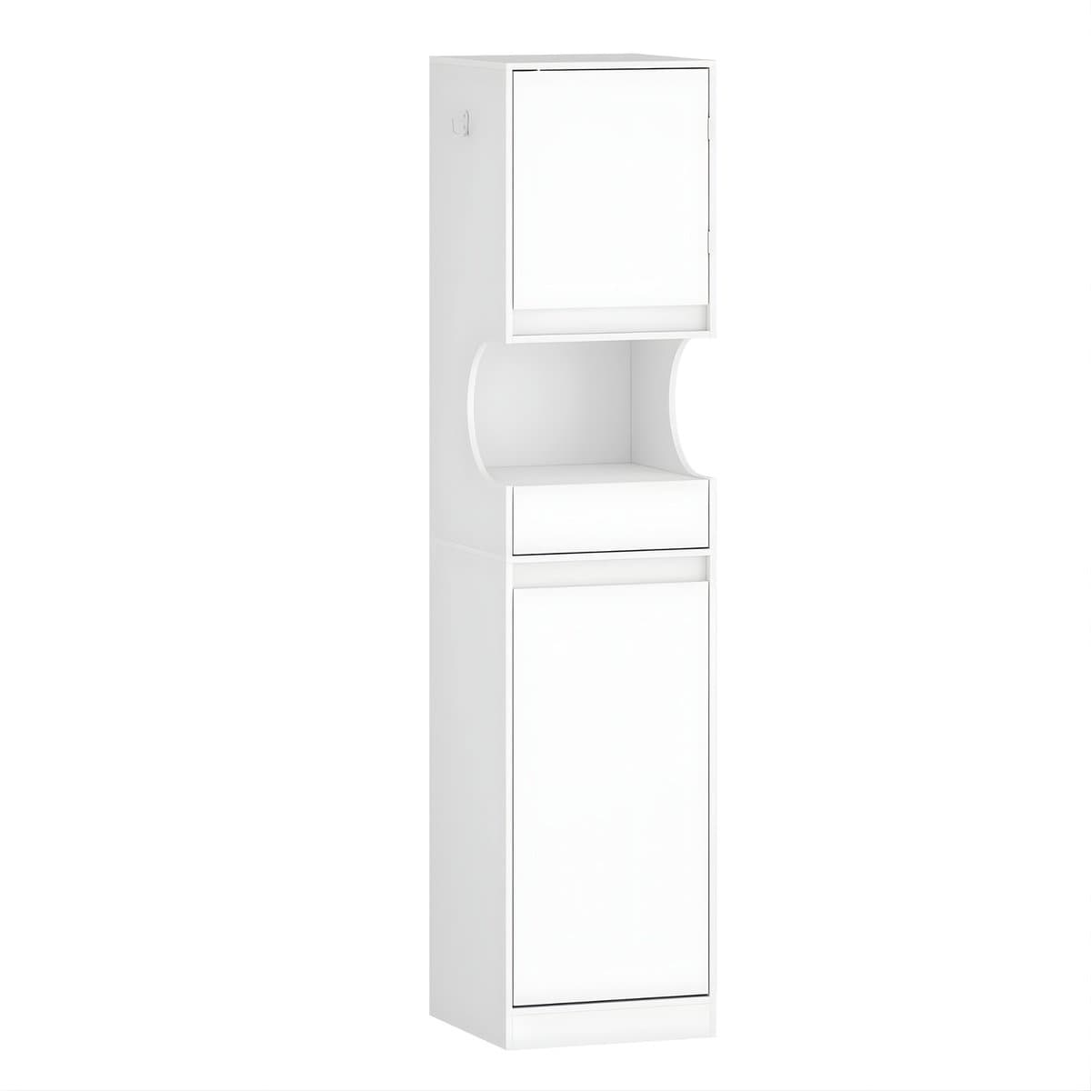 Badkamerkast – Voor Badkamer – Hoge Kast met Wasmand, Vouwbare Waszak, Deur en Lade – Wit — afbeelding 1