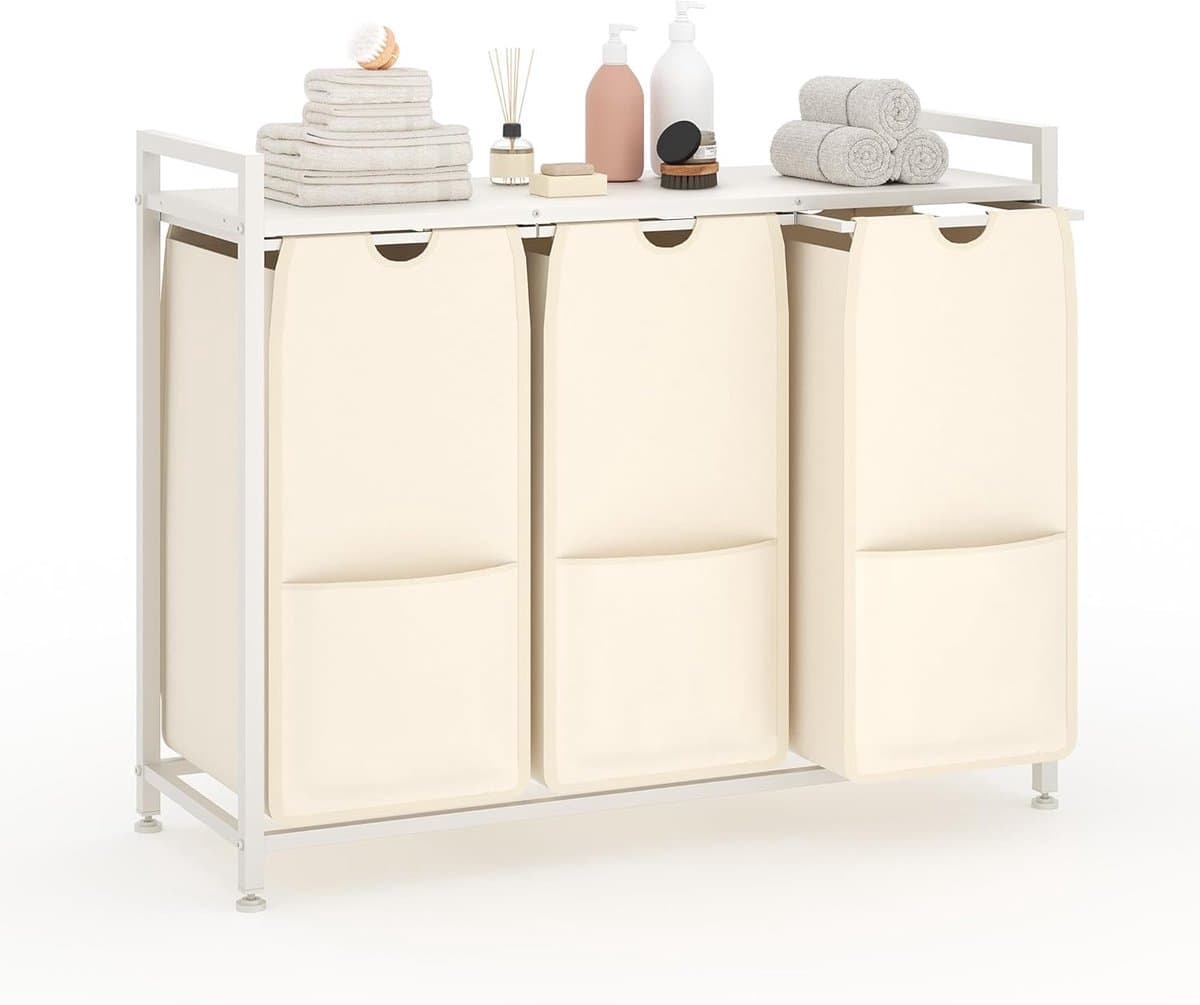 Wasmand 3 vakken, 145L wassorteerder, verrijdbare waswagen – voor wasruimte, slaapkamer, badkamer – wit — afbeelding 1