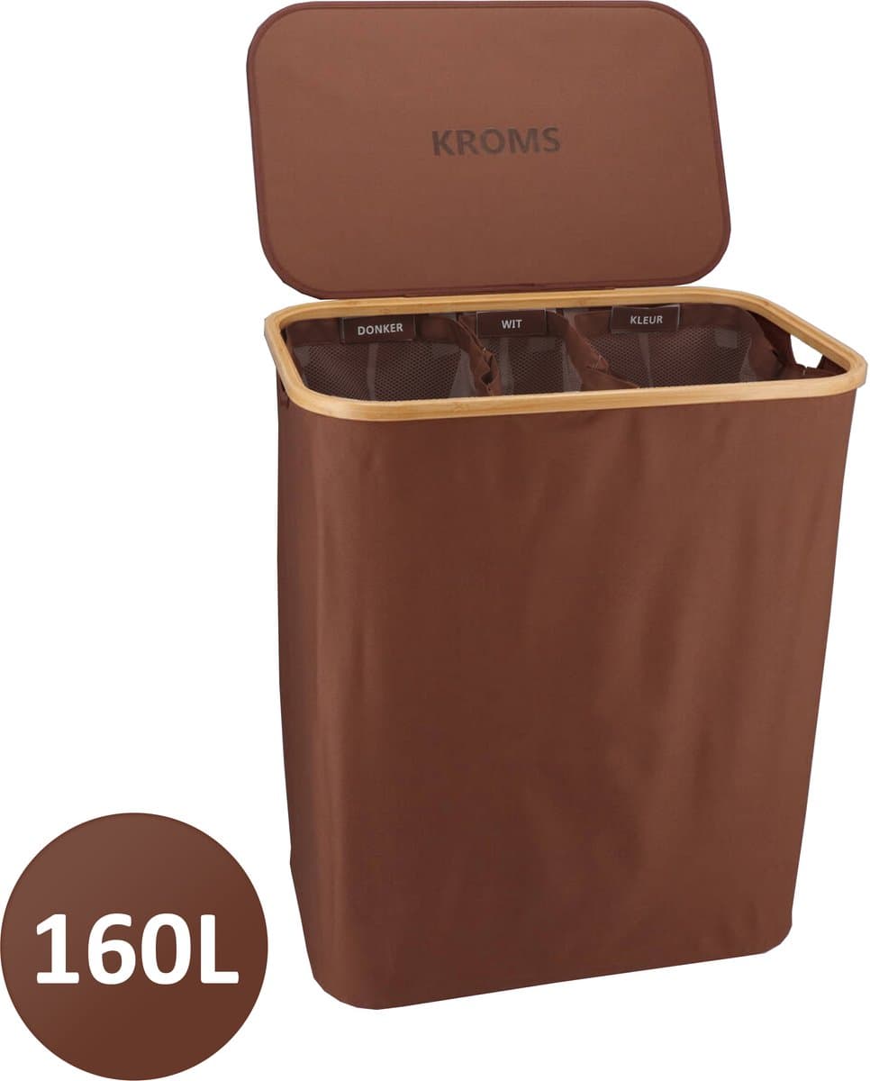 KROMS Wasmand 3 vakken - Bruin - 160L - Extra groot model - Inclusief NL & ENG Labels – Wassorteerder bamboe - Laundry basket - Wasmand met deksel - Opvouwbaar — afbeelding 1