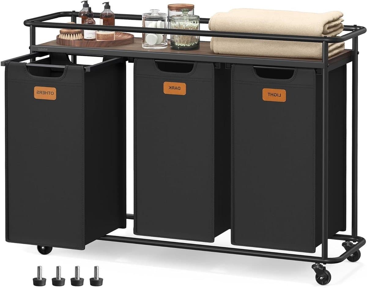 Wasmand op wielen - Wassorteerder met plank - Wasgoed sorteren - Drie ruime compartimenten - 150 liter capaciteit - Inktzwart-kastanjebruin — afbeelding 1